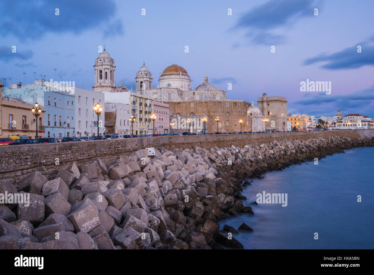 Evening cityscape with cathedral in Cadiz,Spain Stock Photo