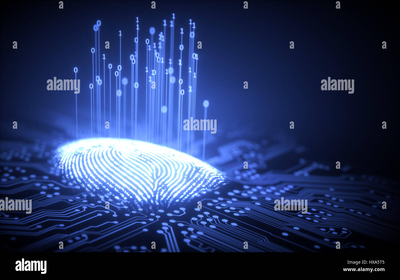 3D illustration. Fingerprint integrated in a printed circuit, releasing binary codes. Stock Photo