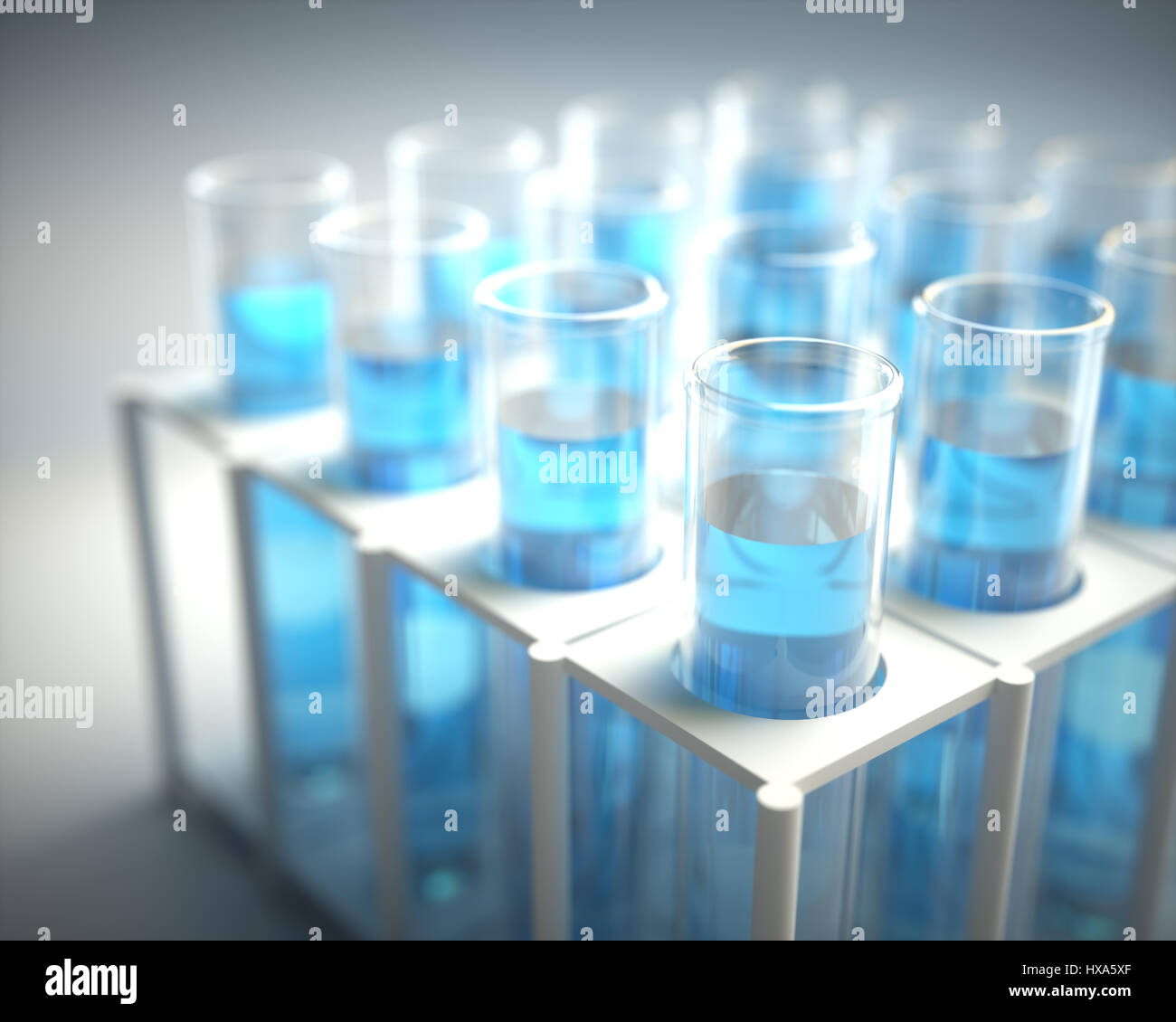3D illustration. Test tubes filled with blue chemistry. Stock Photo