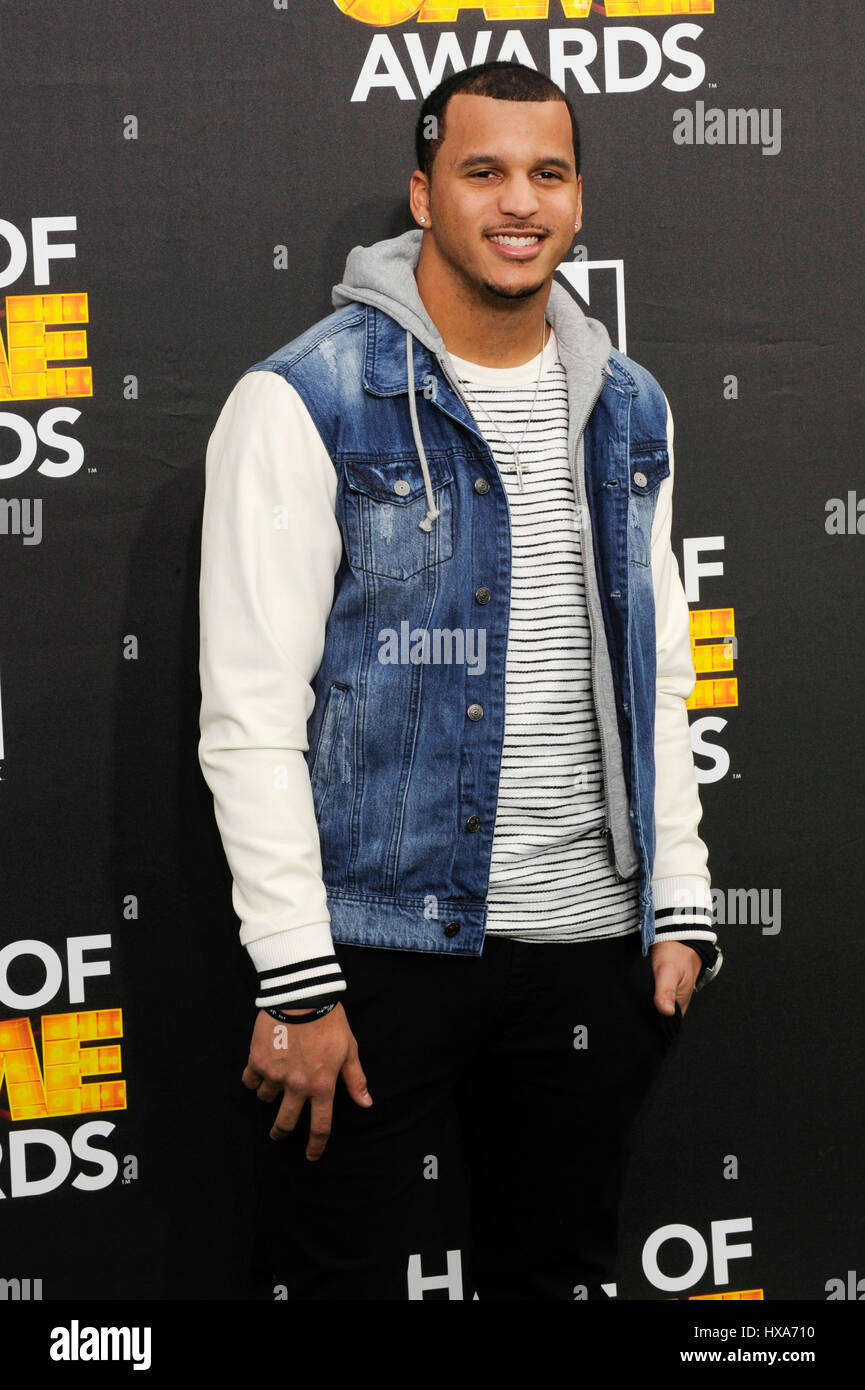 Wide receiver Jermaine Kearse of the Seattle Seahawks arrives at the 4th Annual Cartoon Network Hall Of Game Awards at Barker Hangar on February 15, 2014 in Santa Monica, California. Stock Photo
