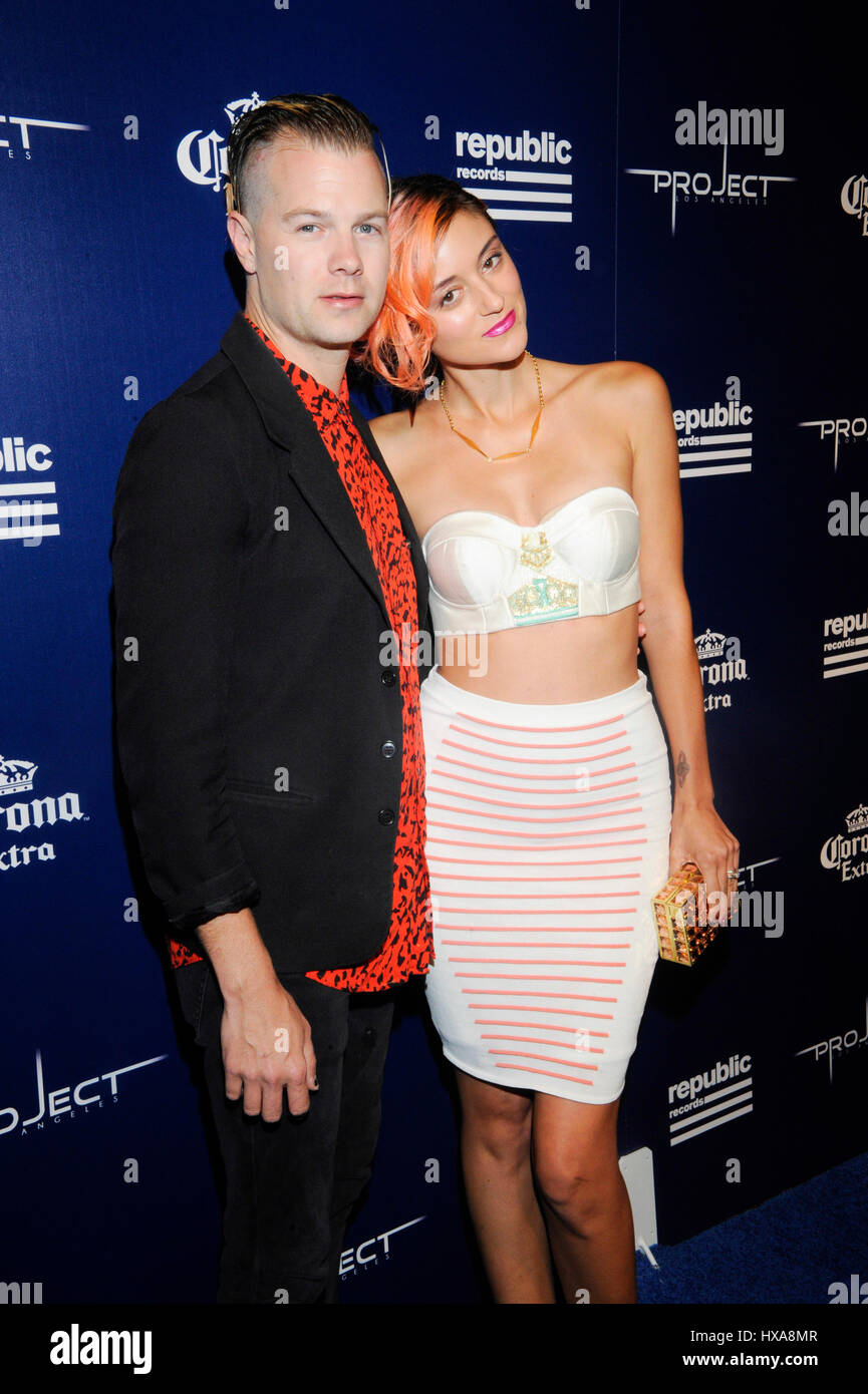 Bobby Alt and wife Caroline D'Amore attend the Republic Records Official MTV VMA After-Party at Project LA on August 24, 2014 in Los Angeles, California. Stock Photo