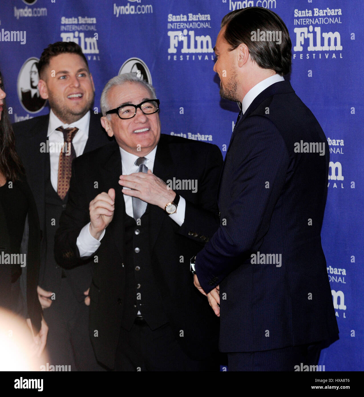 (L-R) Jonah Hill, Martin Scorsese and Leonardo DiCaprio attends the 29th Santa Barbara International Film Festival Cinema Vanguard Award at the Arlington Theatre on February 6, 2014 in Santa Barbara, California. Stock Photo