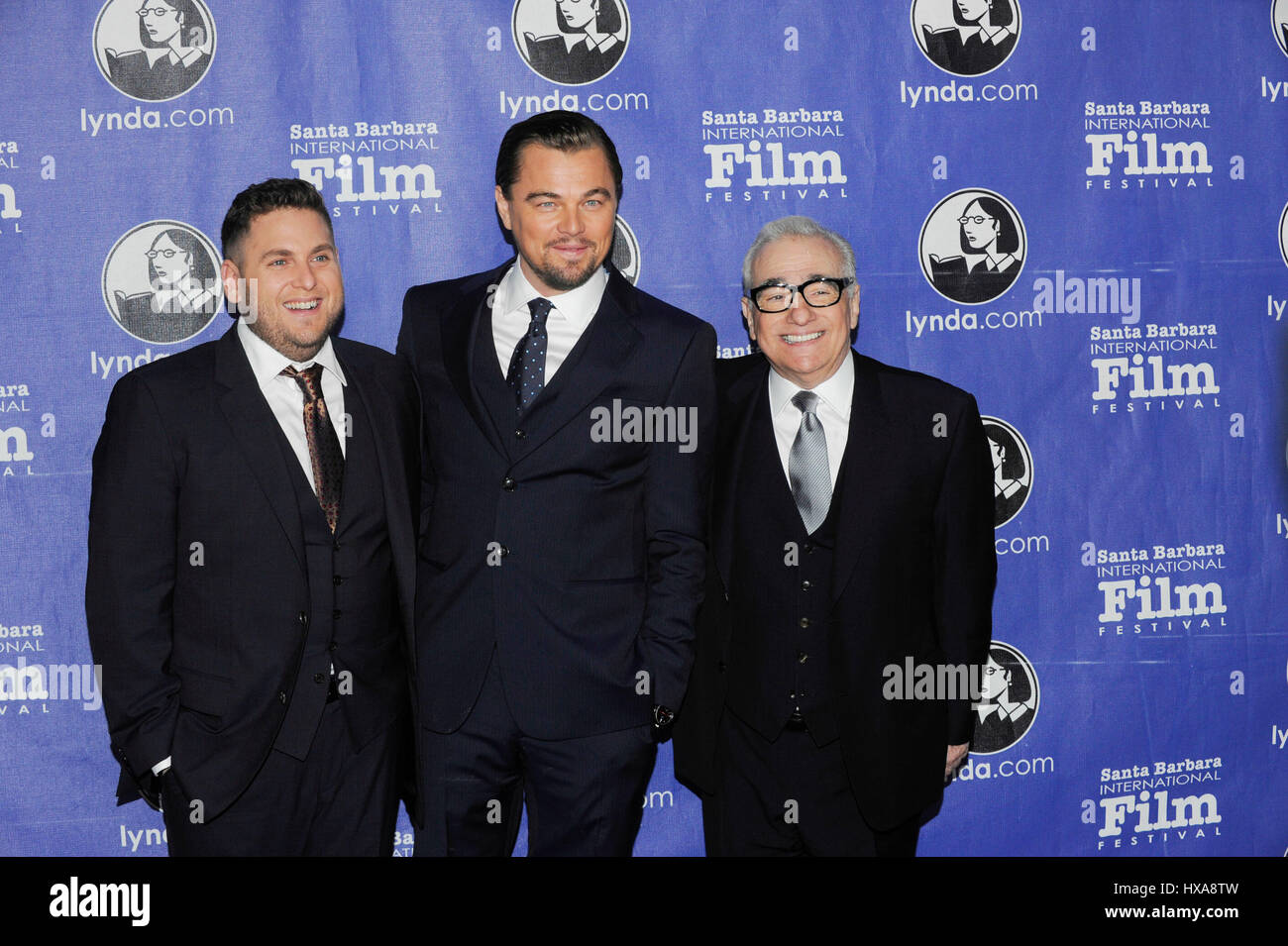 (L-R) Jonah Hill, Leonardo DiCaprio and Martin Scorsese attend the 29th Santa Barbara International Film Festival Cinema Vanguard Award at the Arlington Theatre on February 6, 2014 in Santa Barbara, California. Stock Photo
