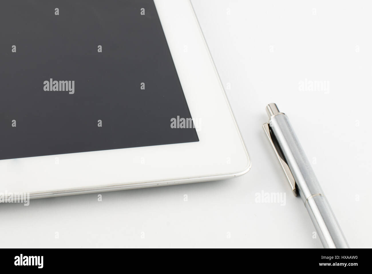 Tablet computer, pen and stethoscope on white background close Stock ...