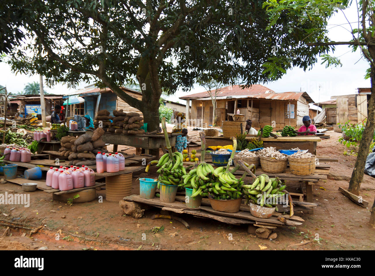 Local fruit market in the street, where people sell local frest fruit in a village at Ondo state in Nigeria, on Se Stock Photo