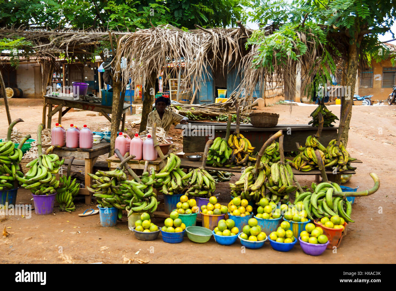 Local fruit market in the street, where people sell local frest fruit in a village at Ondo state in Nigeria, on Se Stock Photo