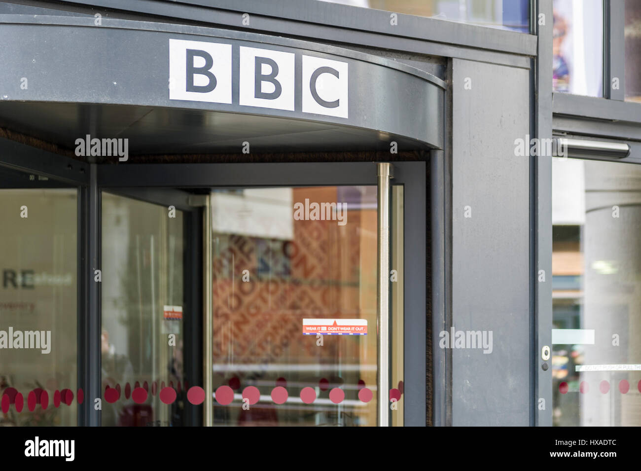 BBC logo on a BBC building in Coventry, United Kingdom. Stock Photo