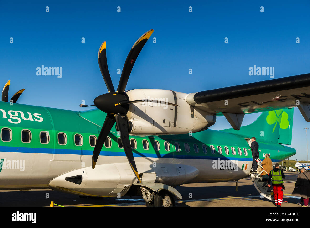 Aer Lingus ATR 72-600 registration EI-FNA operated by Stobart Air sits on the apron at Birmingham (BHX) ready to fly to Cork (ORK) in Ireland. Stock Photo