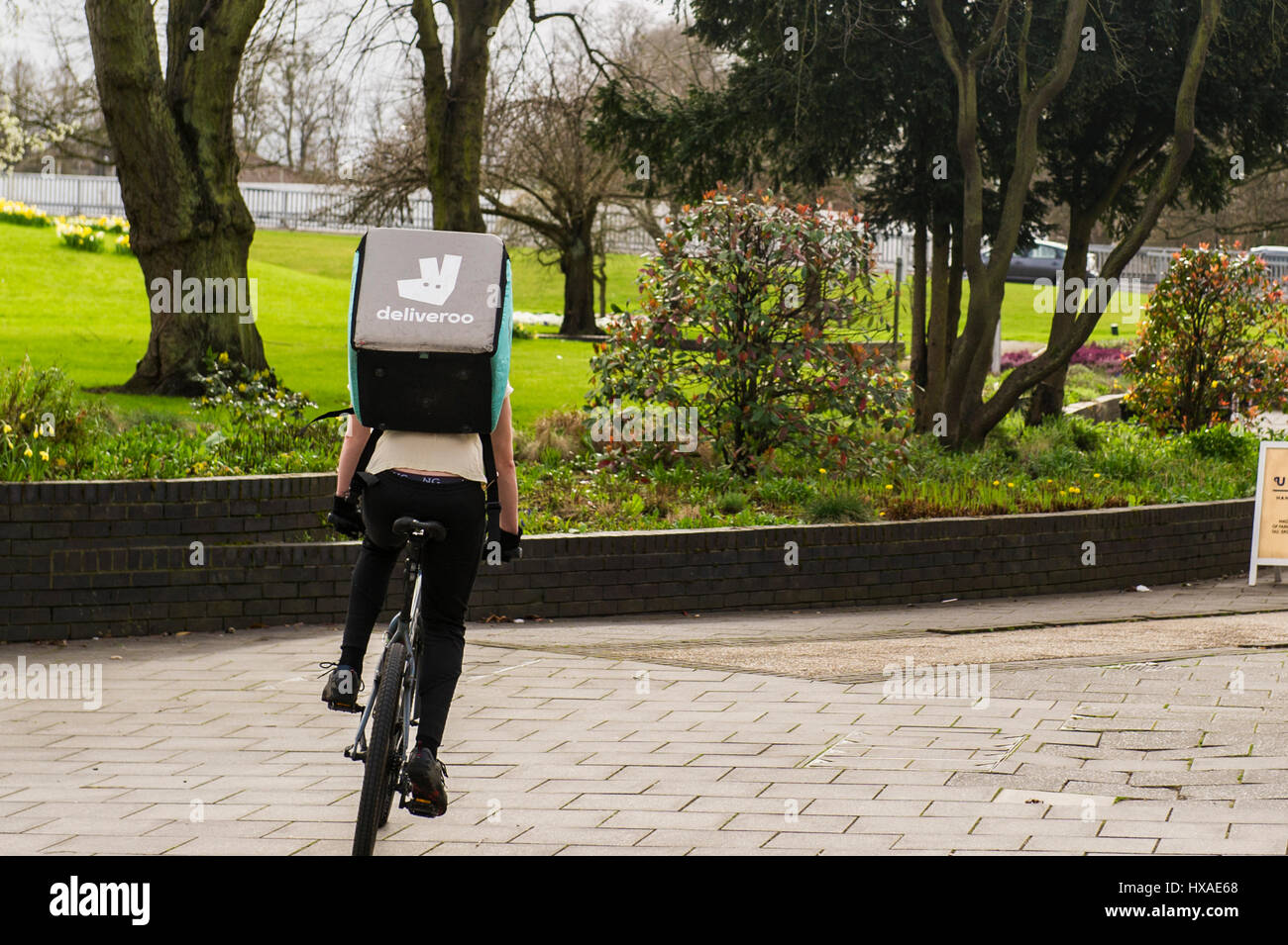 Deliveroo food delivery employee man riding a push bike with a food delivery box on his back. Stock Photo