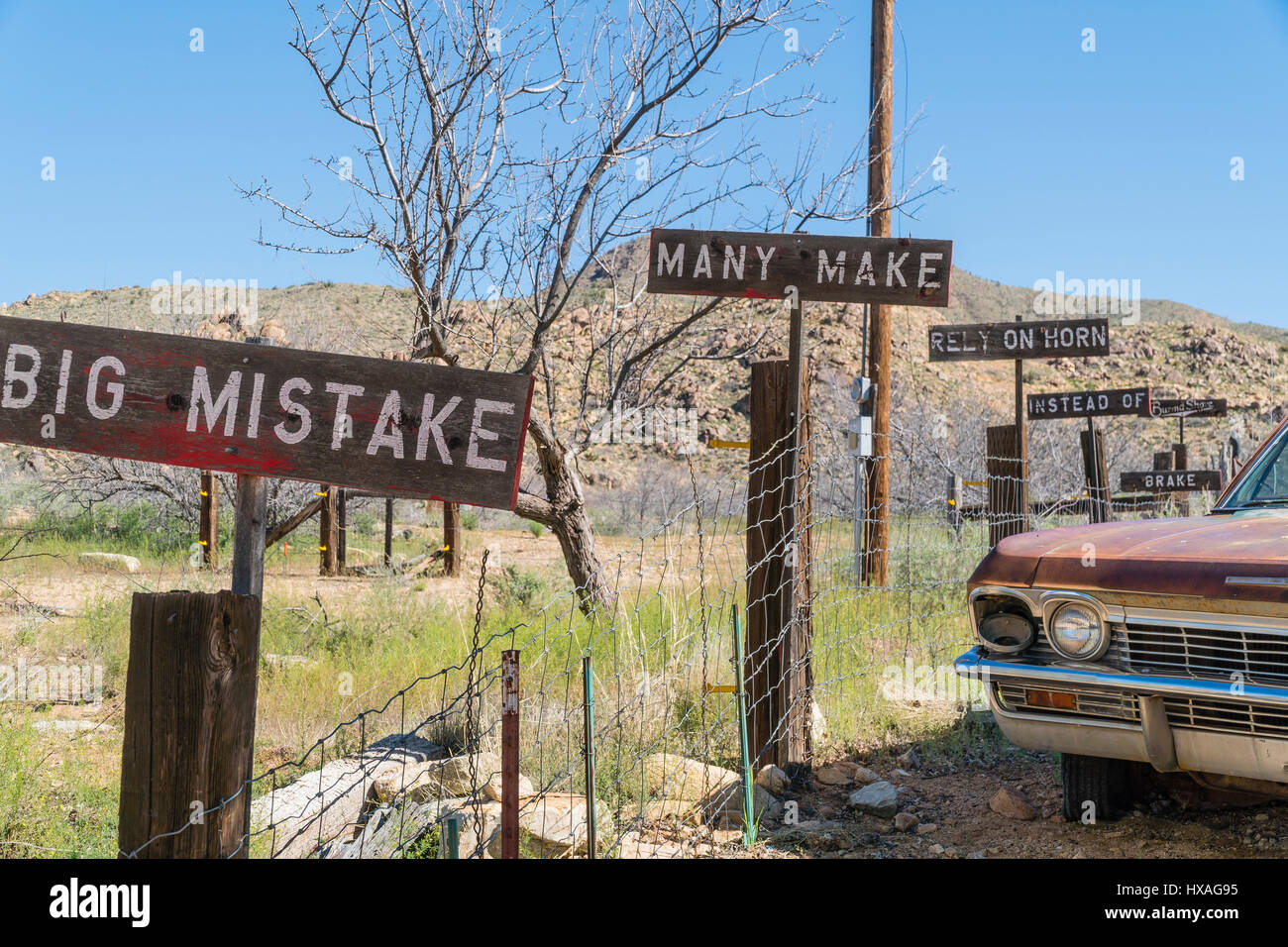 Burma Shave signs at the Hackberry, Arizona general store that is a roadside attraction along historic route 66. Stock Photo