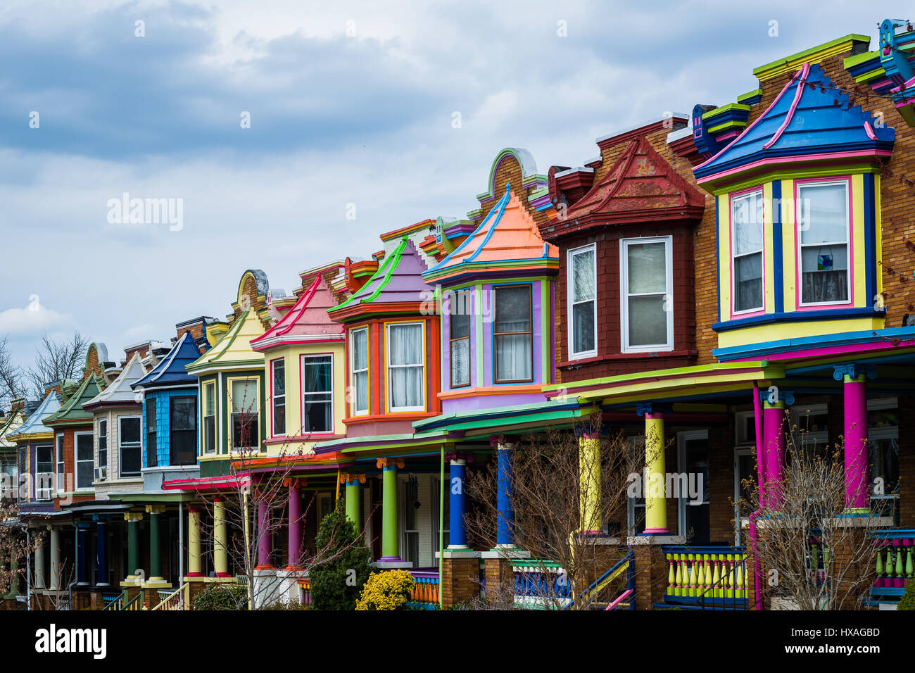 Colorful row houses along Guilford Avenue in Charles Village, Baltimore