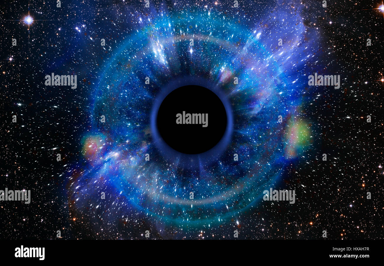 Stars are collapsing in a deep black hole, attracted by the huge gravitational field. The black hole looks like an eye or an iris in the sky. Elements Stock Photo