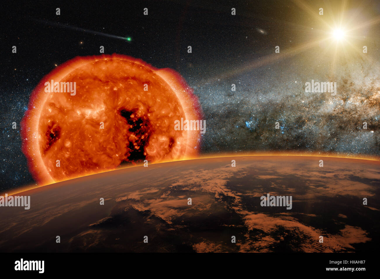 Old Sun Over The Dark Planet Earth A New Star Is Born In The Stock Photo Alamy