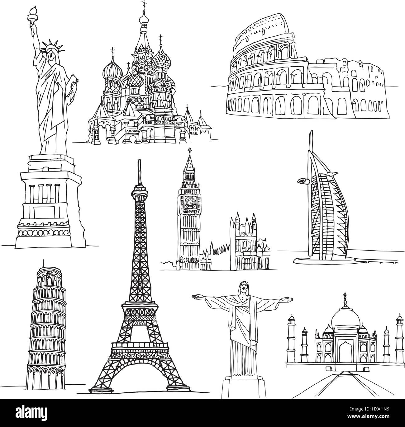 Sketches of Famous Places. Stock Vector