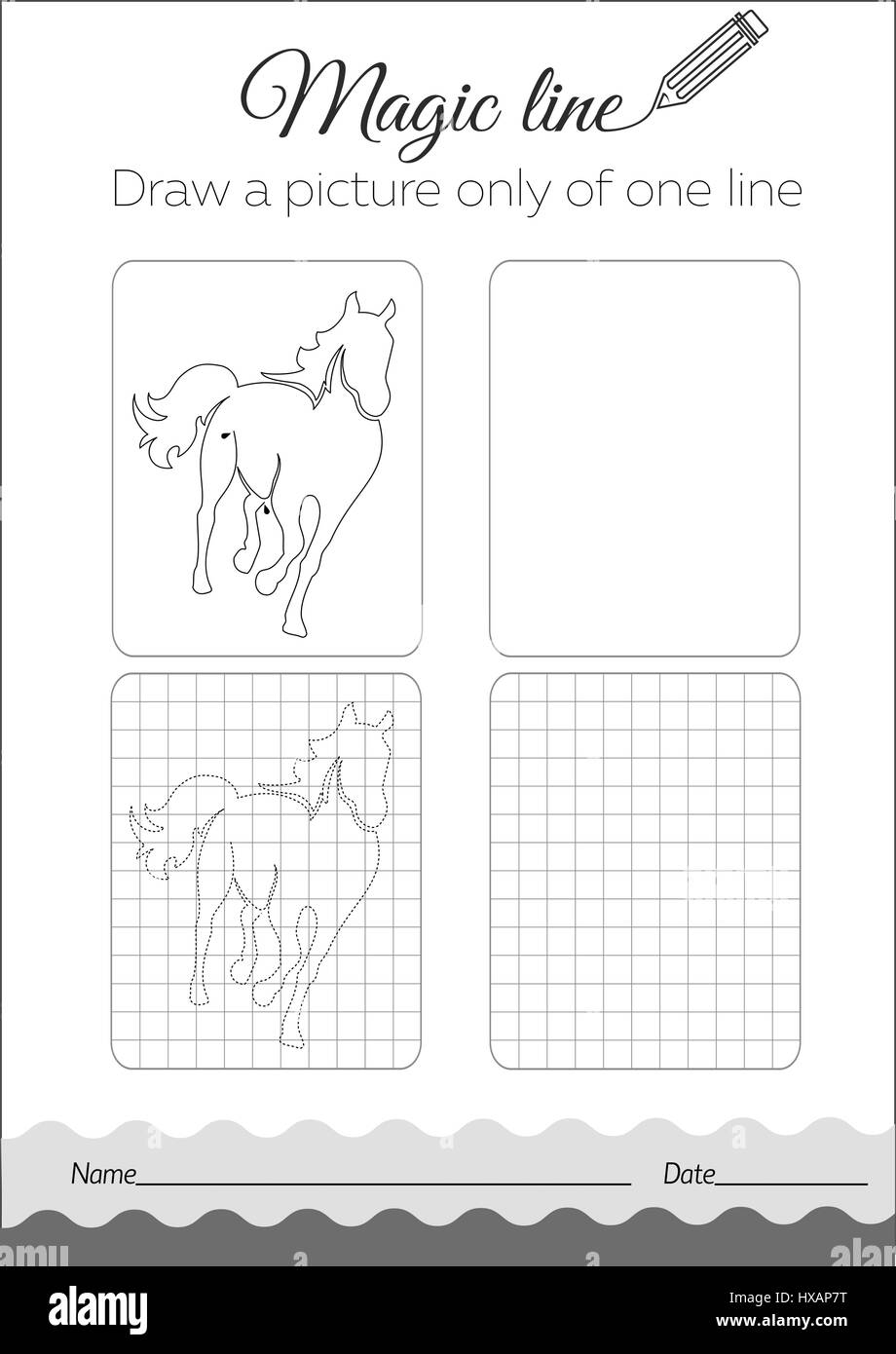 Black and white сoloring book  for children. coloring book education. Task: Draw a picture only of one line  horse Stock Vector
