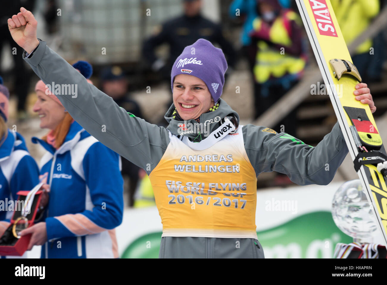 Andreas Wellinger of Germany on podium celebrating his second place in ...