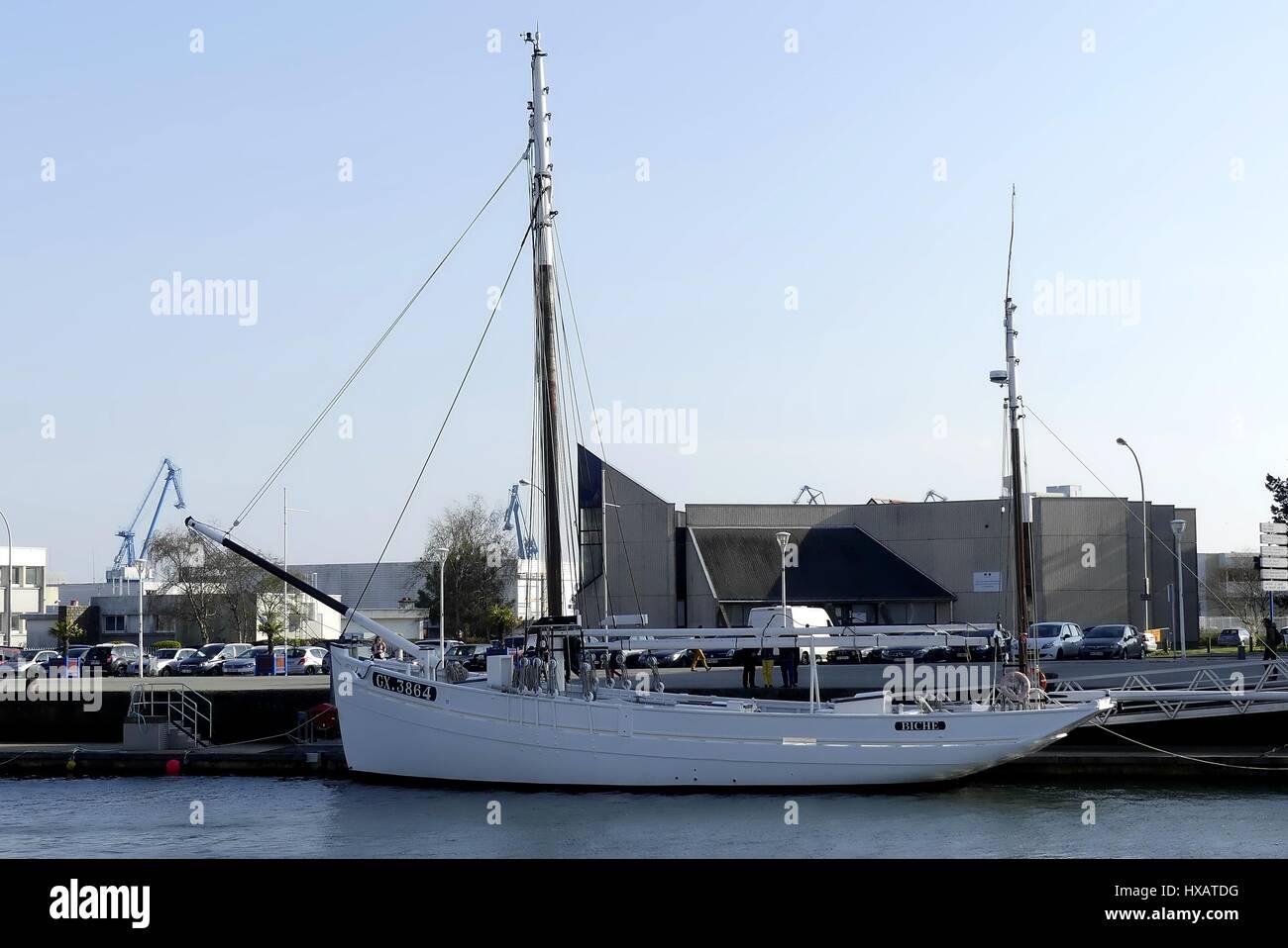 Lorient, France - March 25, 2017: Old wooden Tuna sailing boat docked in the harbor of Lorient, France. Stock Photo