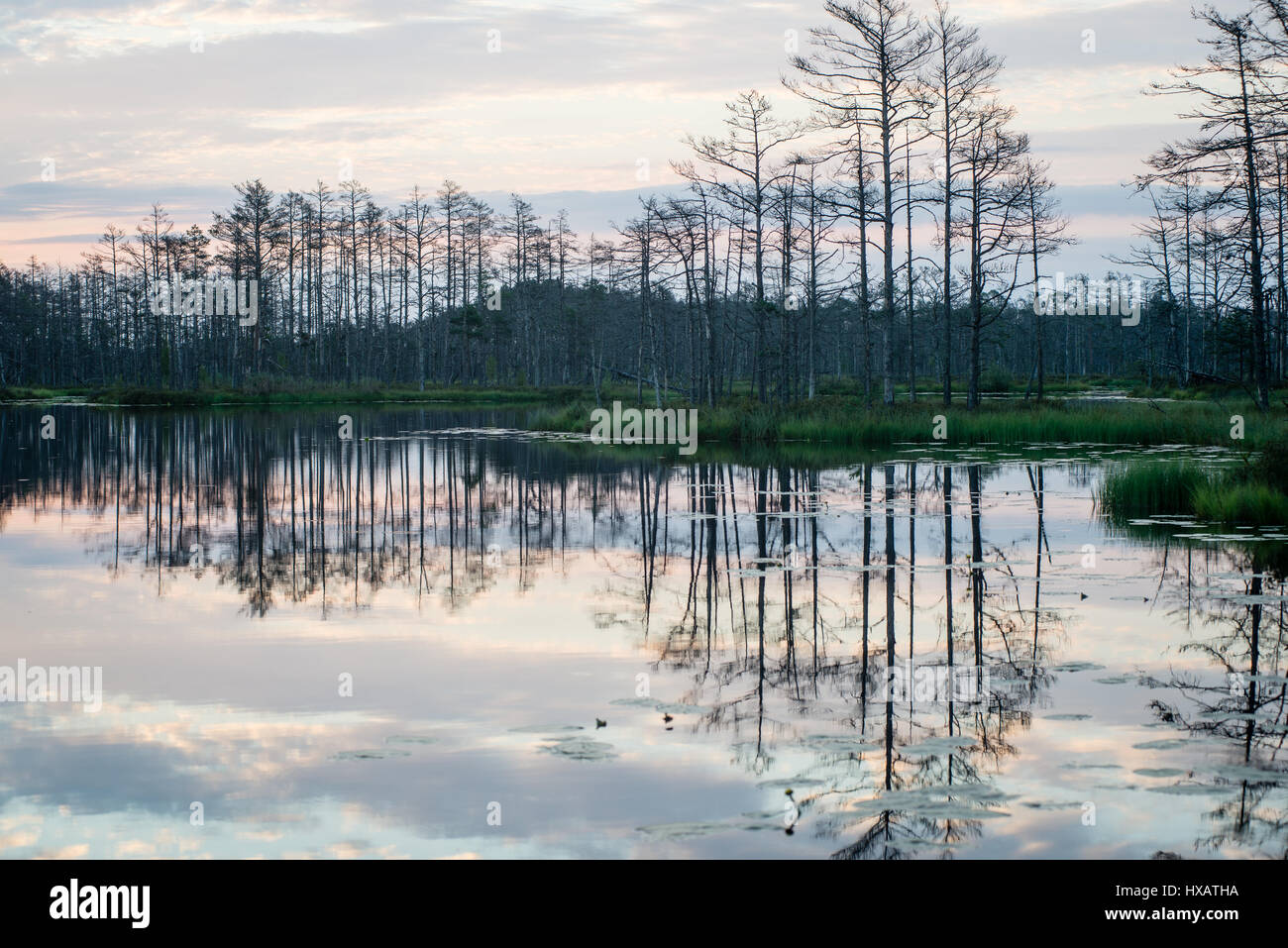 reflections in the lake water at sunrise with clouds and dramatic ...