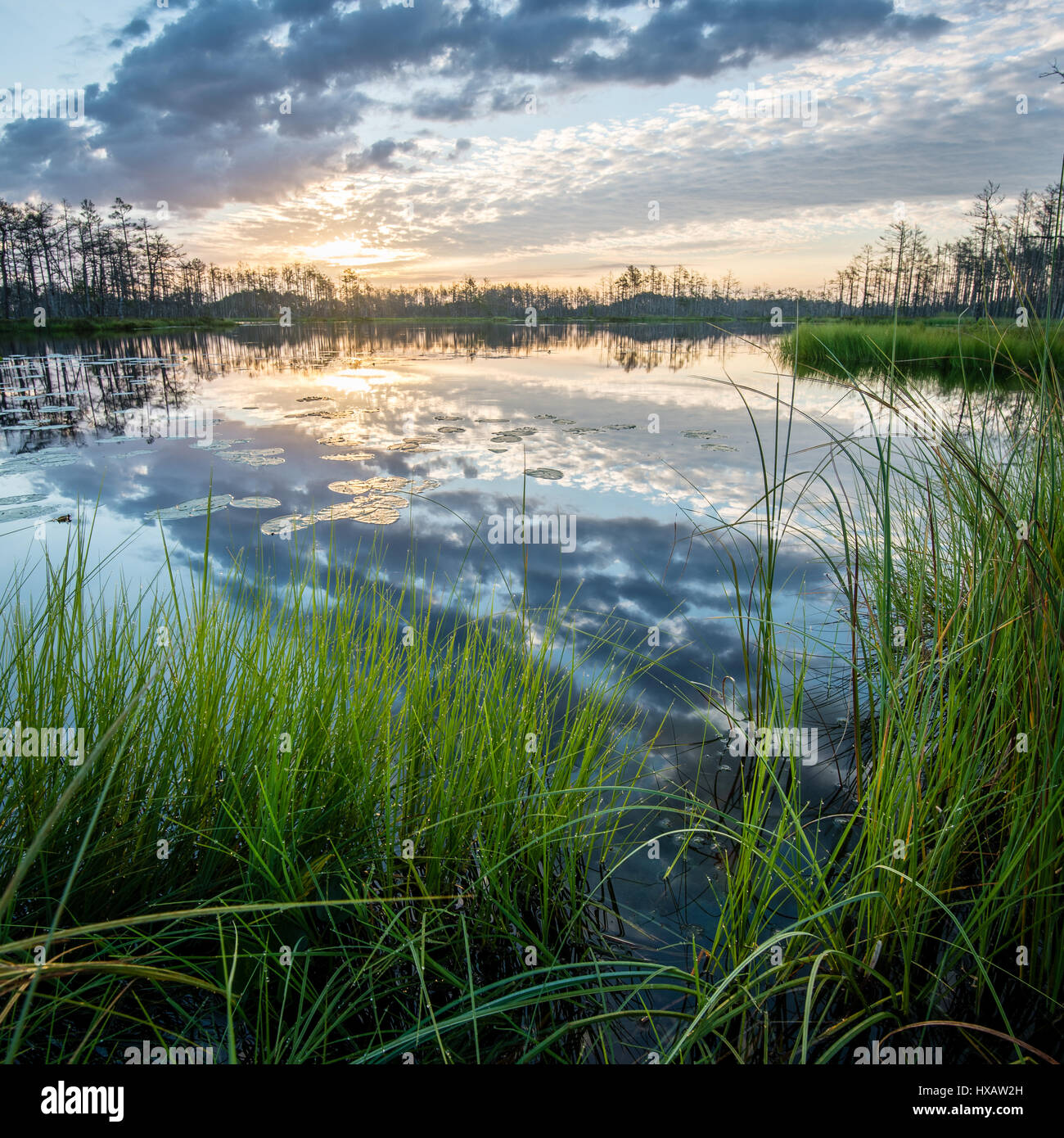 reflections in the lake water at sunrise with clouds and dramatic ...