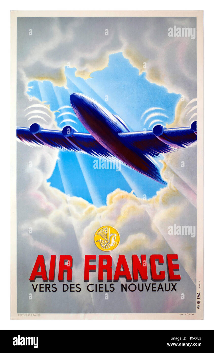 Air France 1947 Vintage Post War Travel Poster Air France aviation vintage poster featuring quadri-motor dark blue airplane Air France 'Towards New Skies'. Created in Paris by Atelier Perceval in 1947 As a color lithograph Poster showing an airplane emerging through clouds. Stock Photo