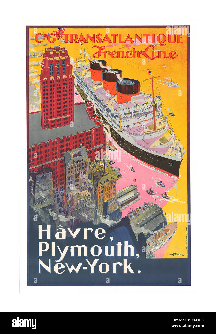 1920's Vintage Poster Cruise ship French Line steamship Compagnie Générale Transatlantique Le Havre-Plymouth- New-York by artist Albert Sébille Stock Photo