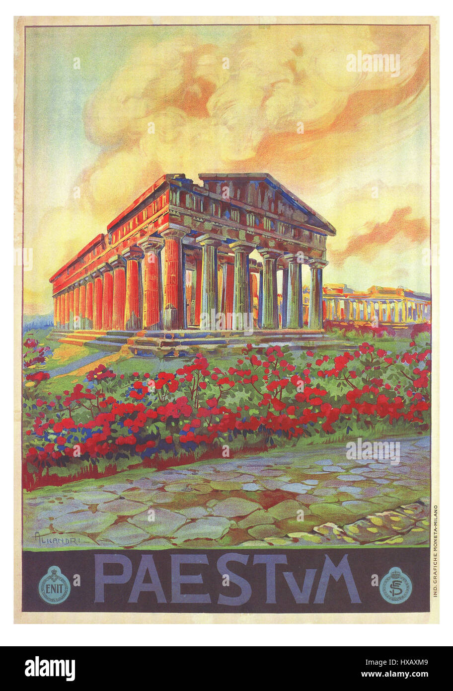 PAESTUM Vintage travel poster 1930's Paestum Greek Temples Italy Stock Photo