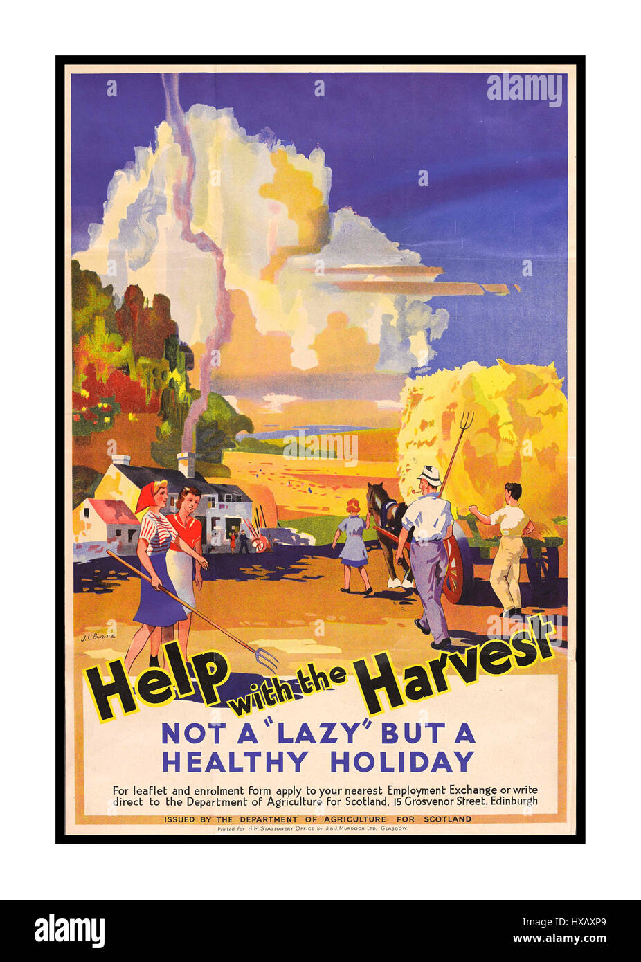 PROPAGANDA POSTER FOOD HARVEST Vintage WW2 'Help with the Harvest' Scotland's Harvest British WWII War Poster propaganda for a healthy not lazy holiday Stock Photo