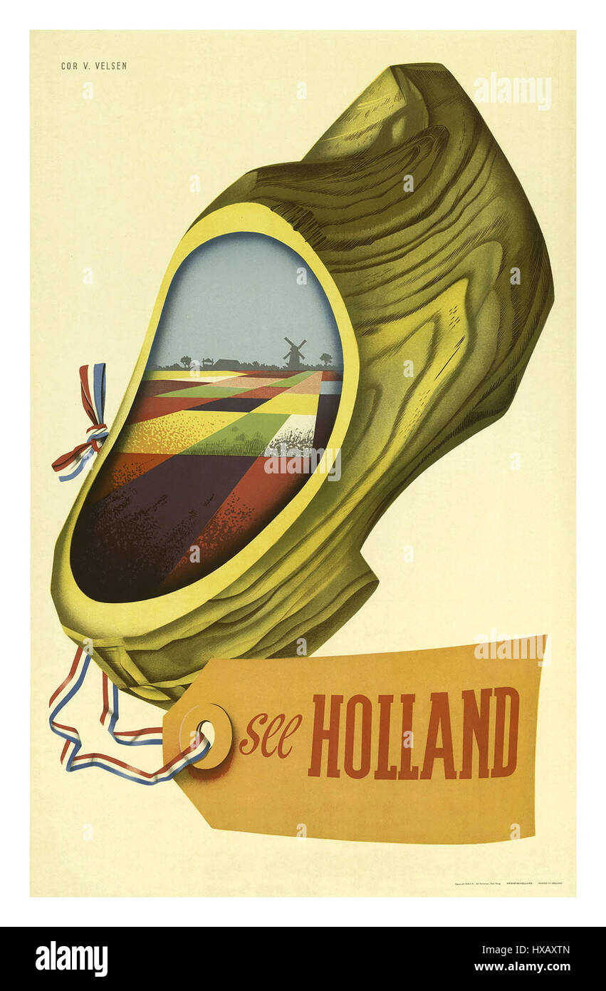 'See Holland' vintage travel poster featuring a clog and windmill Stock Photo