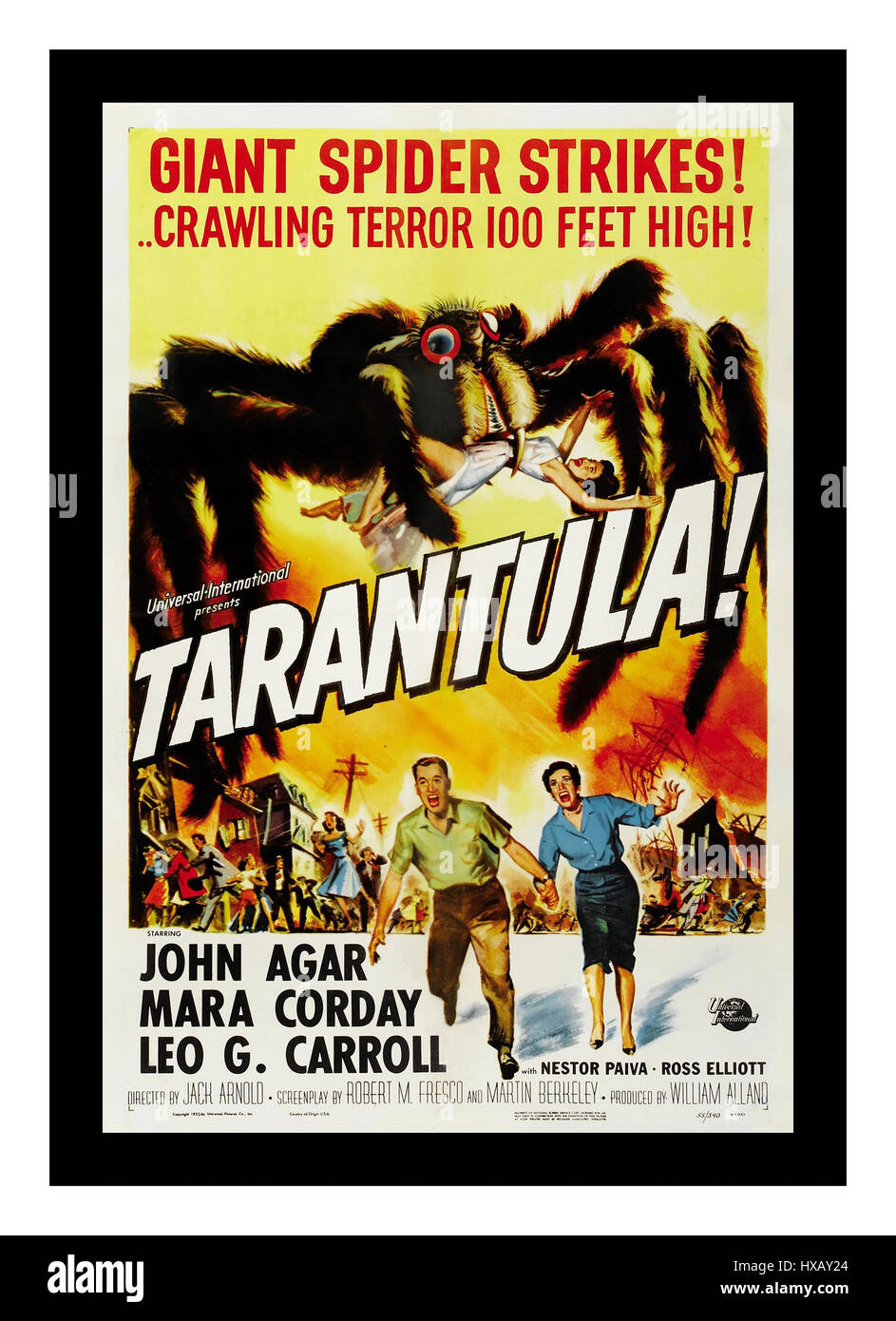 TARANTULA Vintage retro film poster for 'Tarantula'  a 1955 American black-and-white science fiction film from Universal-International, produced by William Alland, directed by Jack Arnold, that stars John Agar, Mara Corday, and Leo G. Carroll. Stock Photo