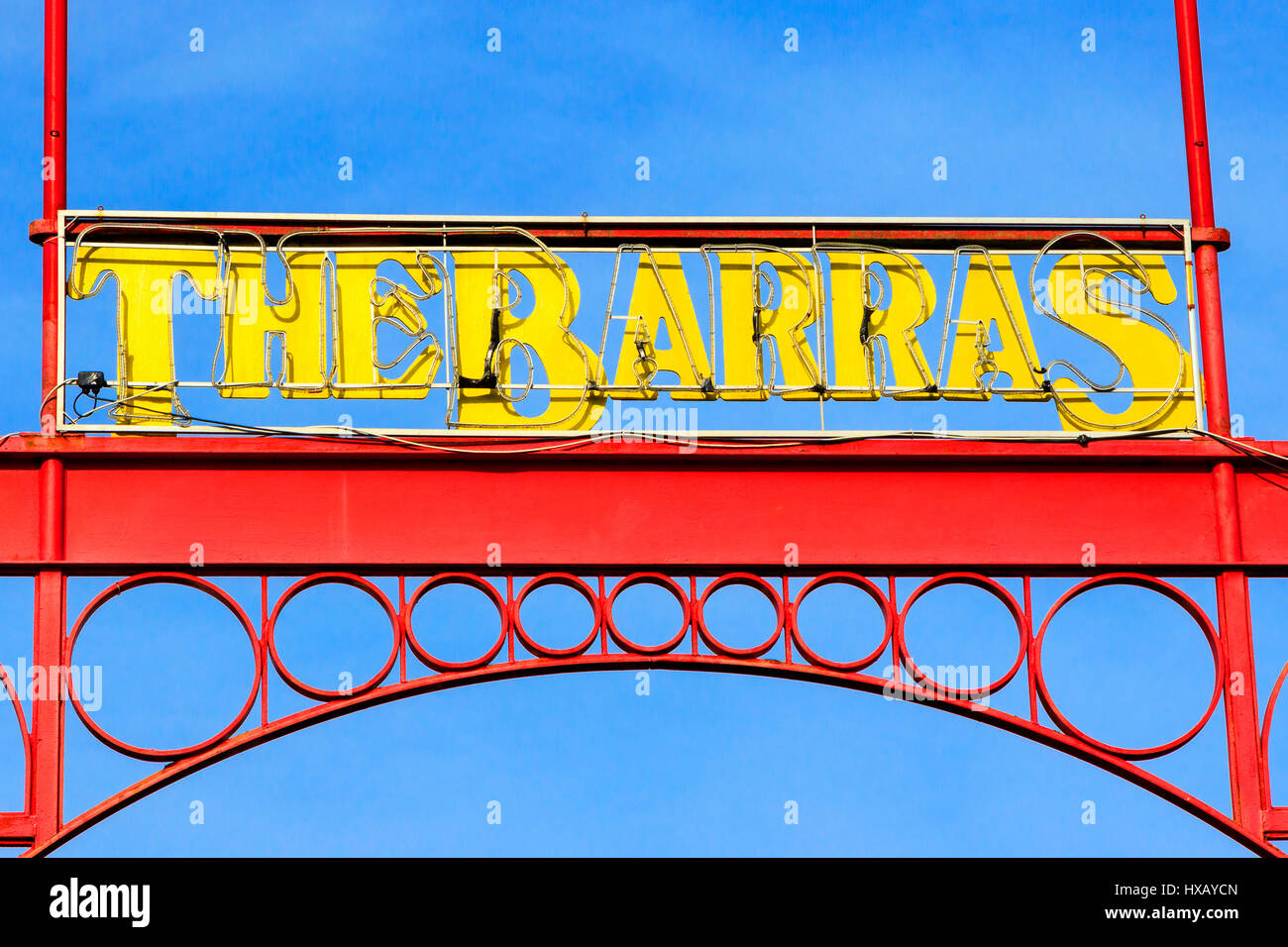 Overhead metal sign at the entrance to the famous Glasgow street market, 'The Barras', London Road, Glasgow, Scotland, UK Stock Photo