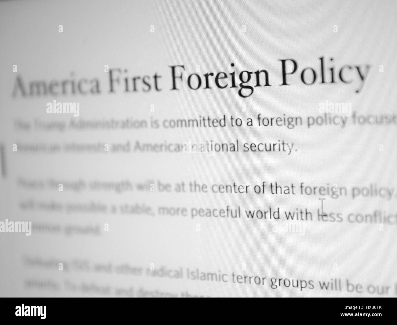 CALDWELL, IDAHO/USA - JANUARY 28: Trumps foreign policy description on Whitehouse.gov Stock Photo