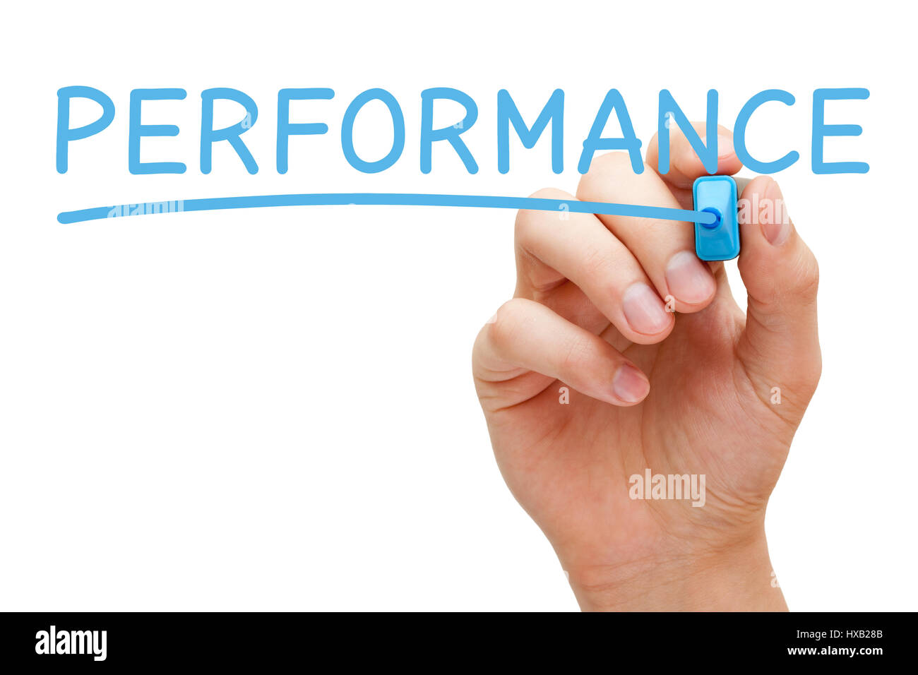 Hand writing Performance with blue marker on transparent wipe board. Stock Photo