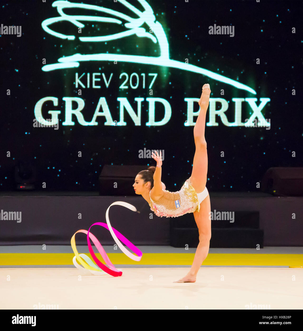 KYIV, UKRAINE - MARCH 17, 2017:  Victoria Filanovsky (Israel) performs at Deriugina Cup Grand Prix (Rhythmic Gymnastics International Tournament) Stock Photo