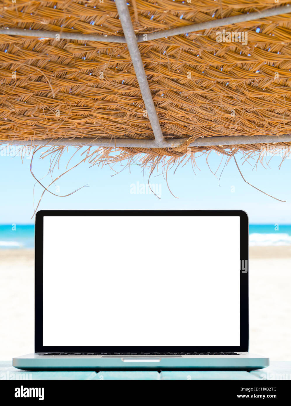Modern laptop on blue wooden table with blank screen at tropical beach Stock Photo