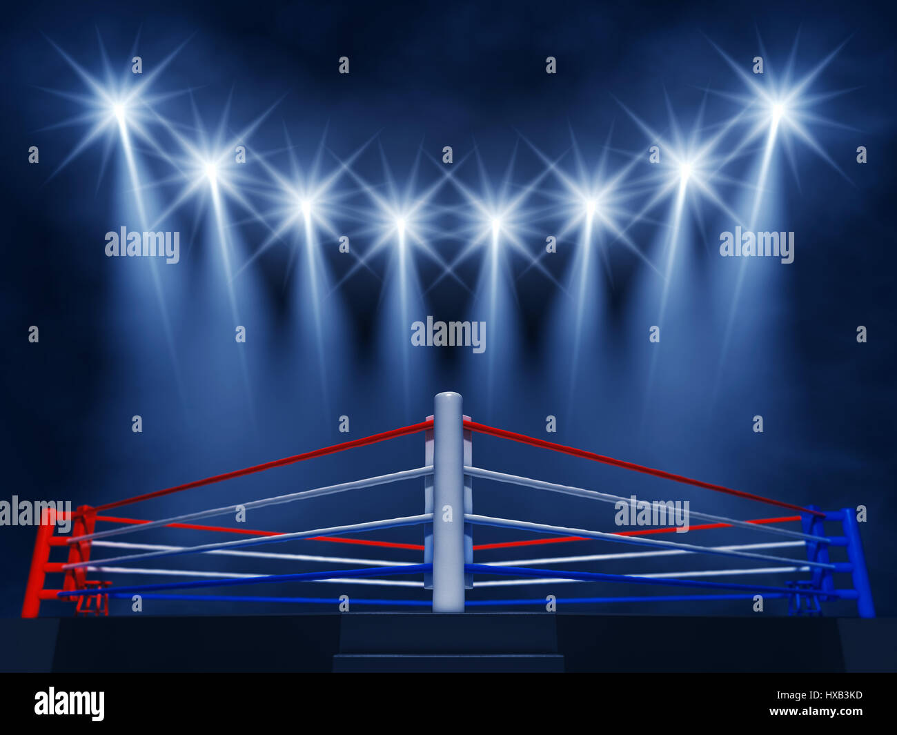 Boxing ring corner and floodlights , Boxing event  ,Boxing arena Stock Photo