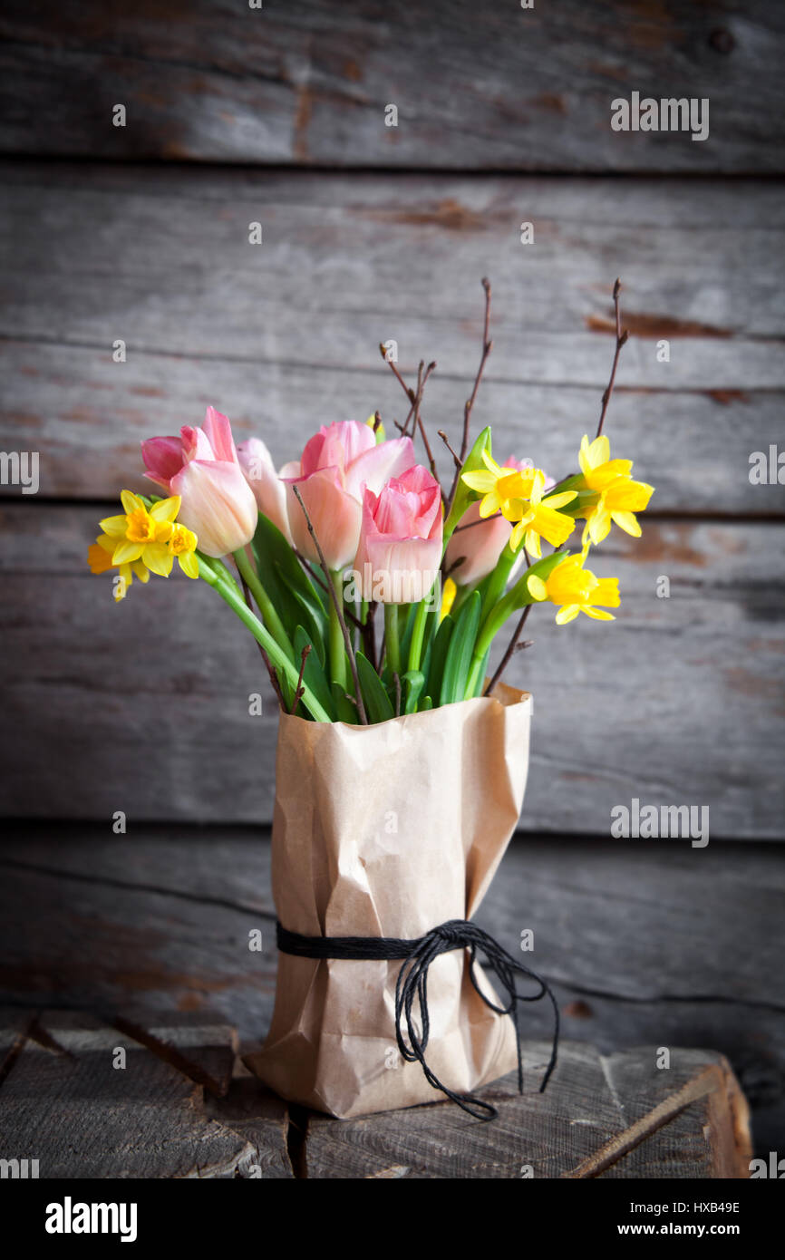 Springtime flower bouquet with tulips and daffodils Stock Photo - Alamy