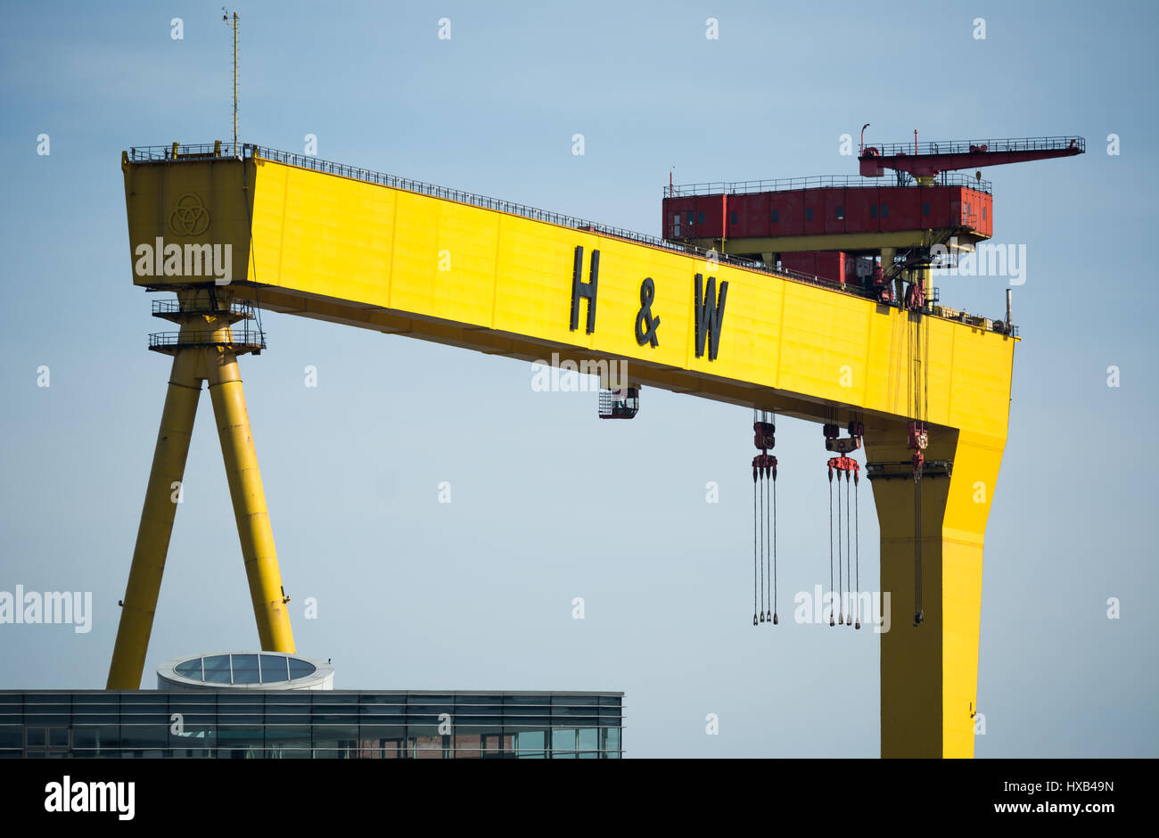 World renown Harland and Wolff crane in Titanic Quarter in Belfast. Stock Photo