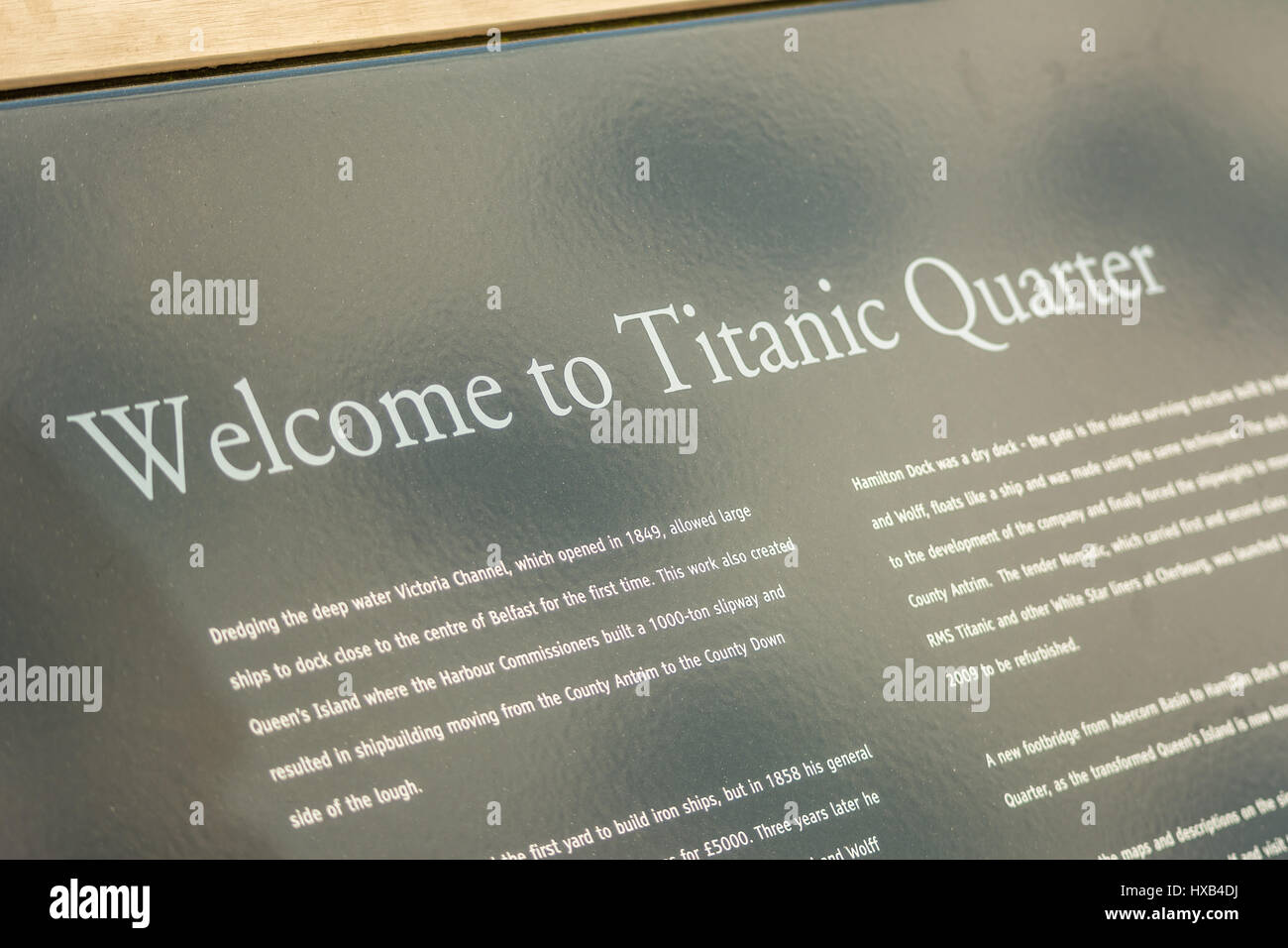 'Welcome to Titanic Quarter' sign. Stock Photo