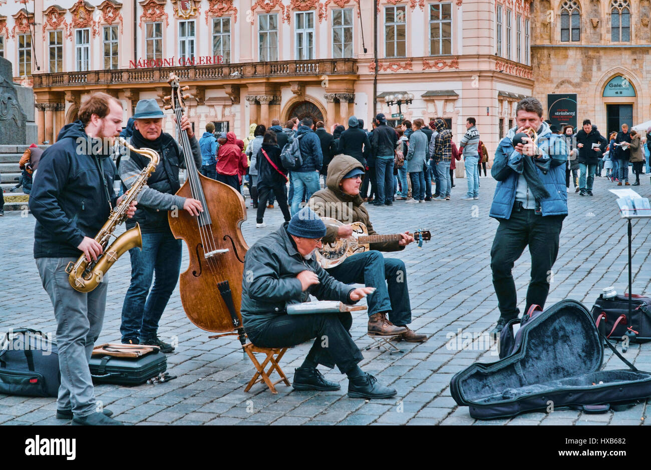 Street musicians at Old Town Square in Prague - PRAGUE / CZECH REPUBLIC - MARCH 20, 2017 Stock Photo