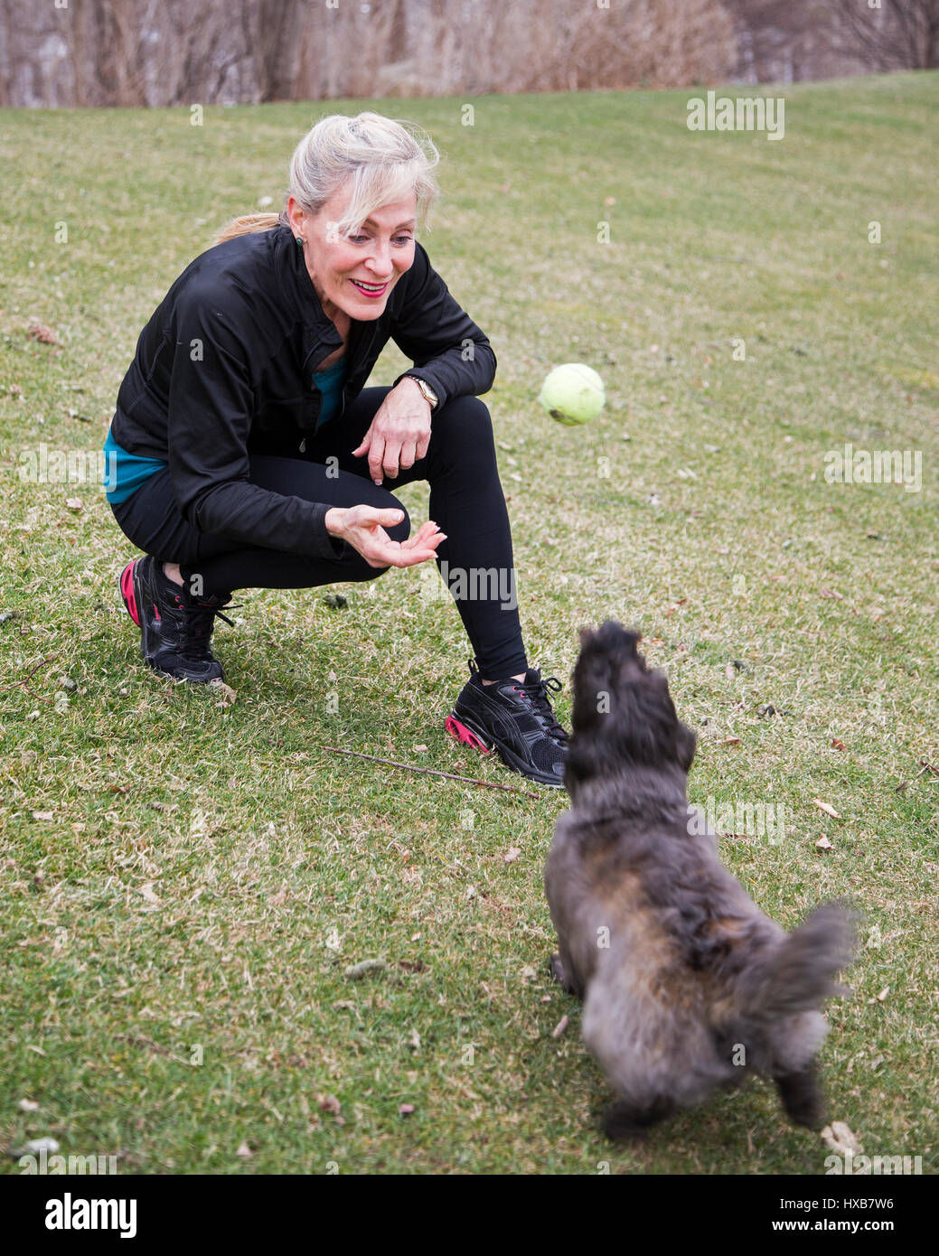 Fit woman playing catch with her dog Stock Photo