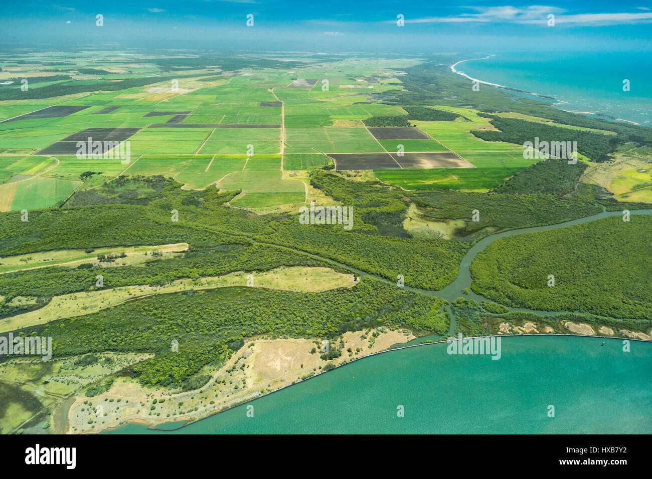 Aerial view of mangroves along the Burnett River with farmland beyond.  Bundaberg, Queensland, Australia Stock Photo