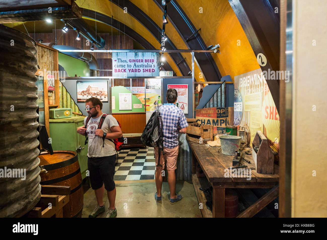 Visitors looking at exhibits in the 'True Brew Experience Tour' at the Bundaberg Barrel.  Bundaberg, Queensland, Australia Stock Photo
