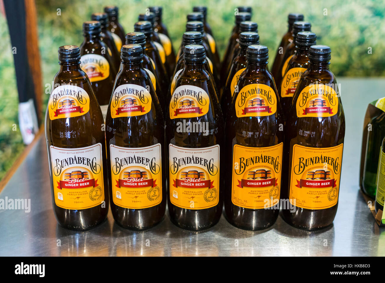 Bottles of ginger beer at the Bundaberg Barrel.  Bundaberg, Queensland, Australia Stock Photo