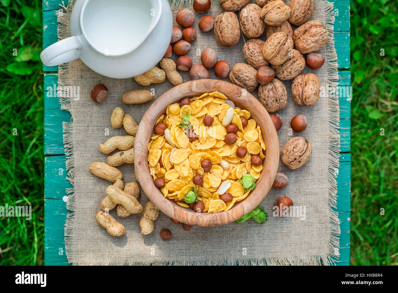Tasty cornflakes milk nuts hi-res stock photography and images - Alamy