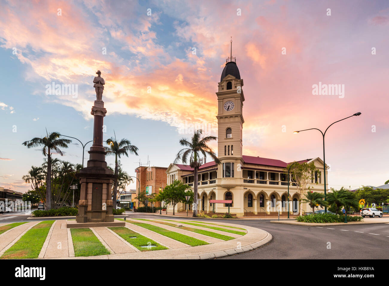 Sunset view of the Bundaberg Post Office and clock tower. Bundaberg, Queensland, Australia Stock Photo