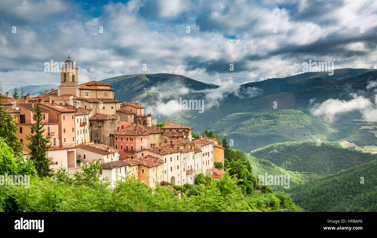 Beautiful sunset over the small town, Umbria, Italy Stock Photo