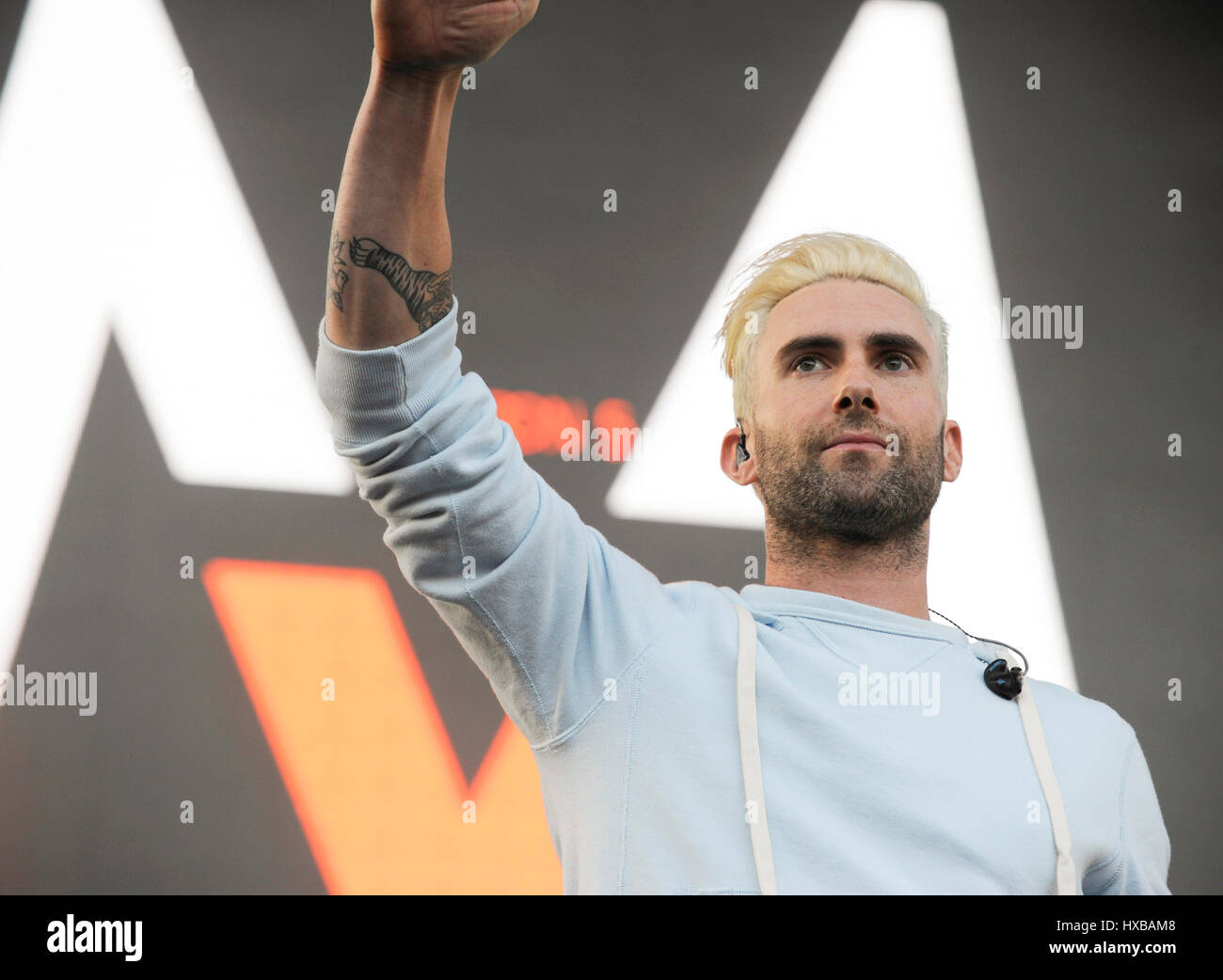 Adam Levine of Maroon 5 performs onstage during 102.7 KIIS FM's 2014 Wango Tango at StubHub Center on May 10, 2014 in Los Angeles, California. Stock Photo