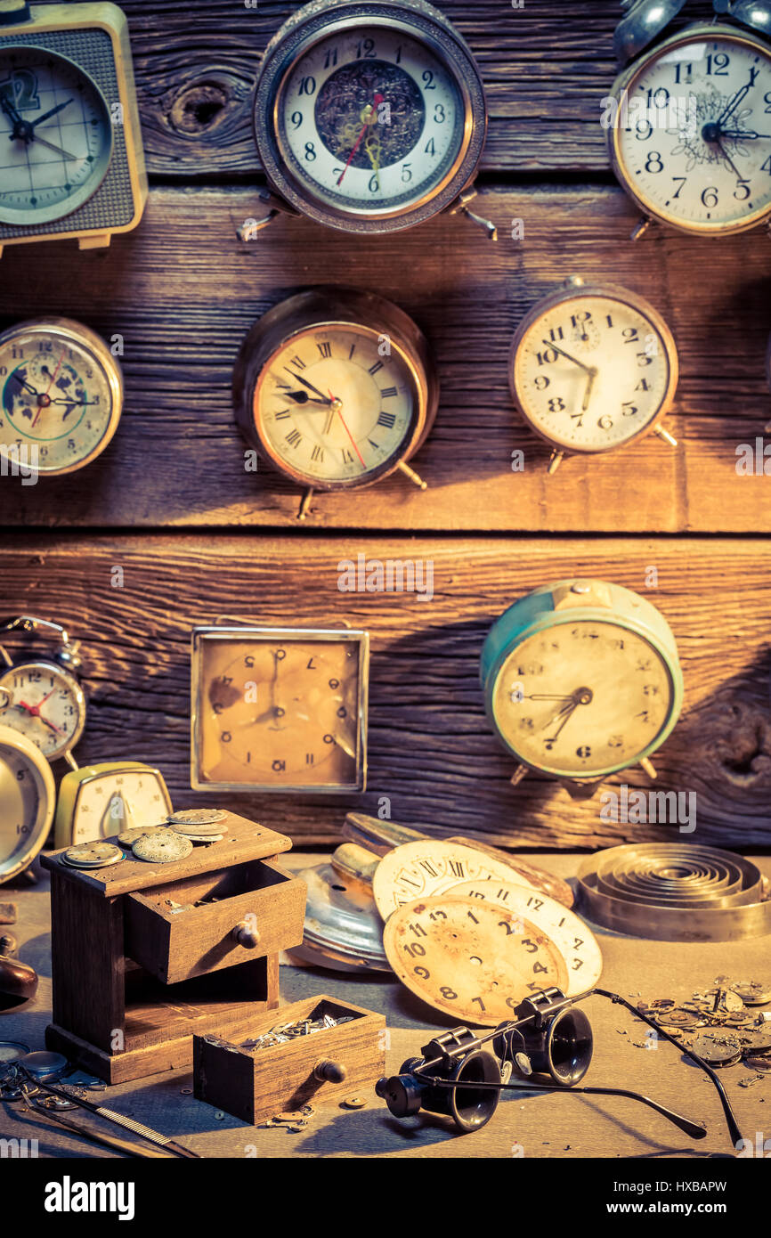 Watchmaker's room with damaged clocks Stock Photo Alamy