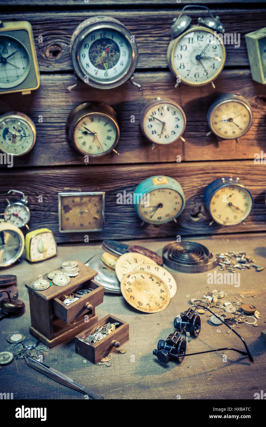 Old Watchmaker S Room With Clocks To Repair Stock Photo