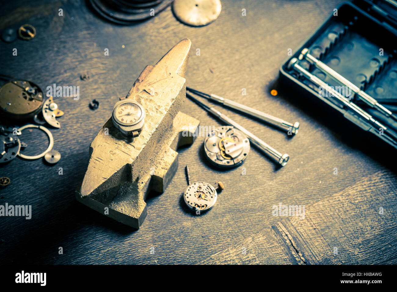Vintage watchmaker's room with damaged clocks Stock Photo Alamy